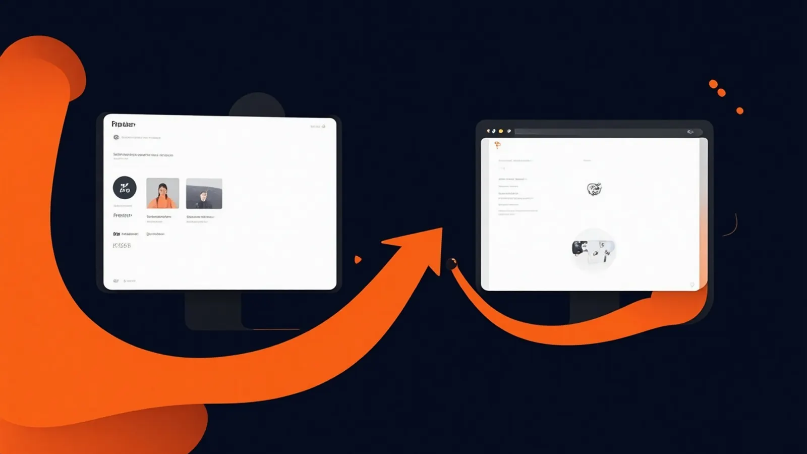 Illustration: two browser windows connected by a large curved orange arrow that bends from the first window to the second