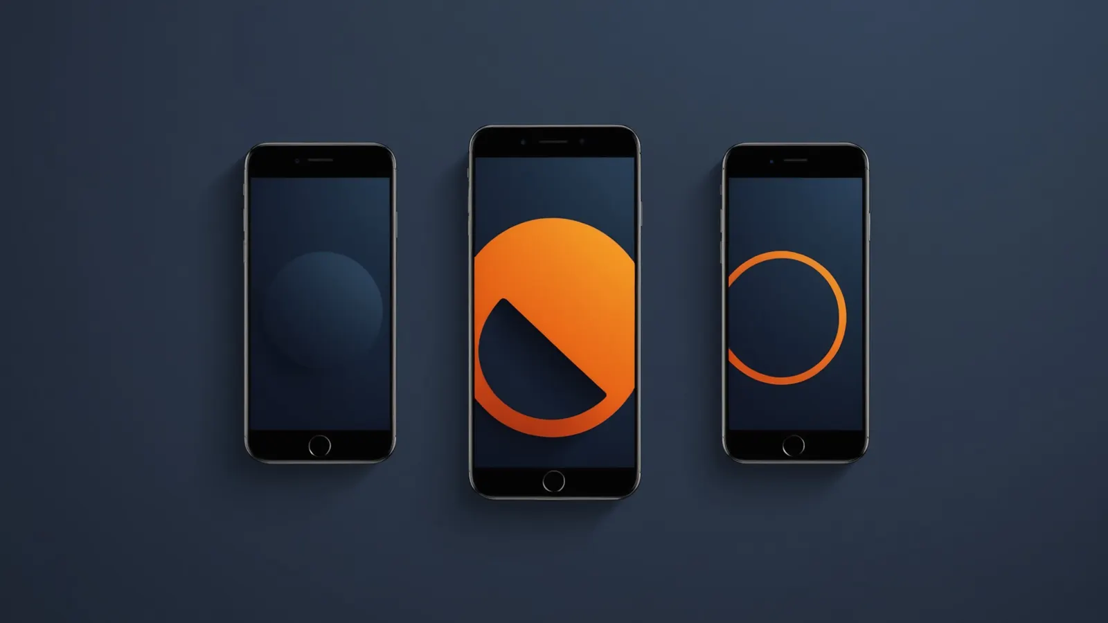 Three phone outlines in a row, the middle one showing an orange circle, on a dark navy background