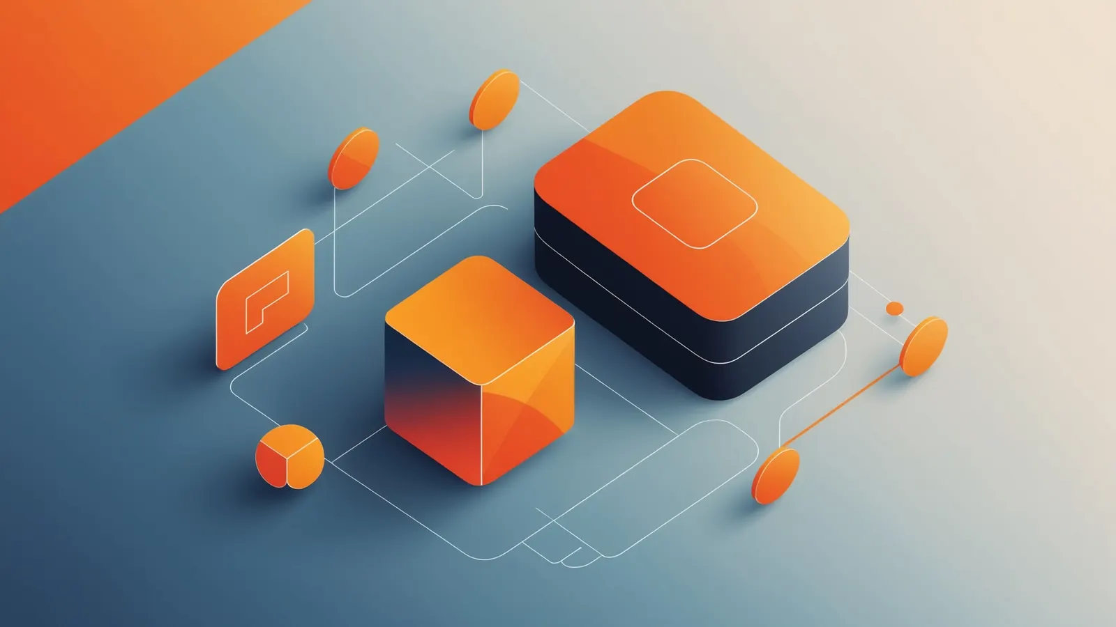 An orange cube and a rounded tile joined by thin lines on a soft blue-grey gradient