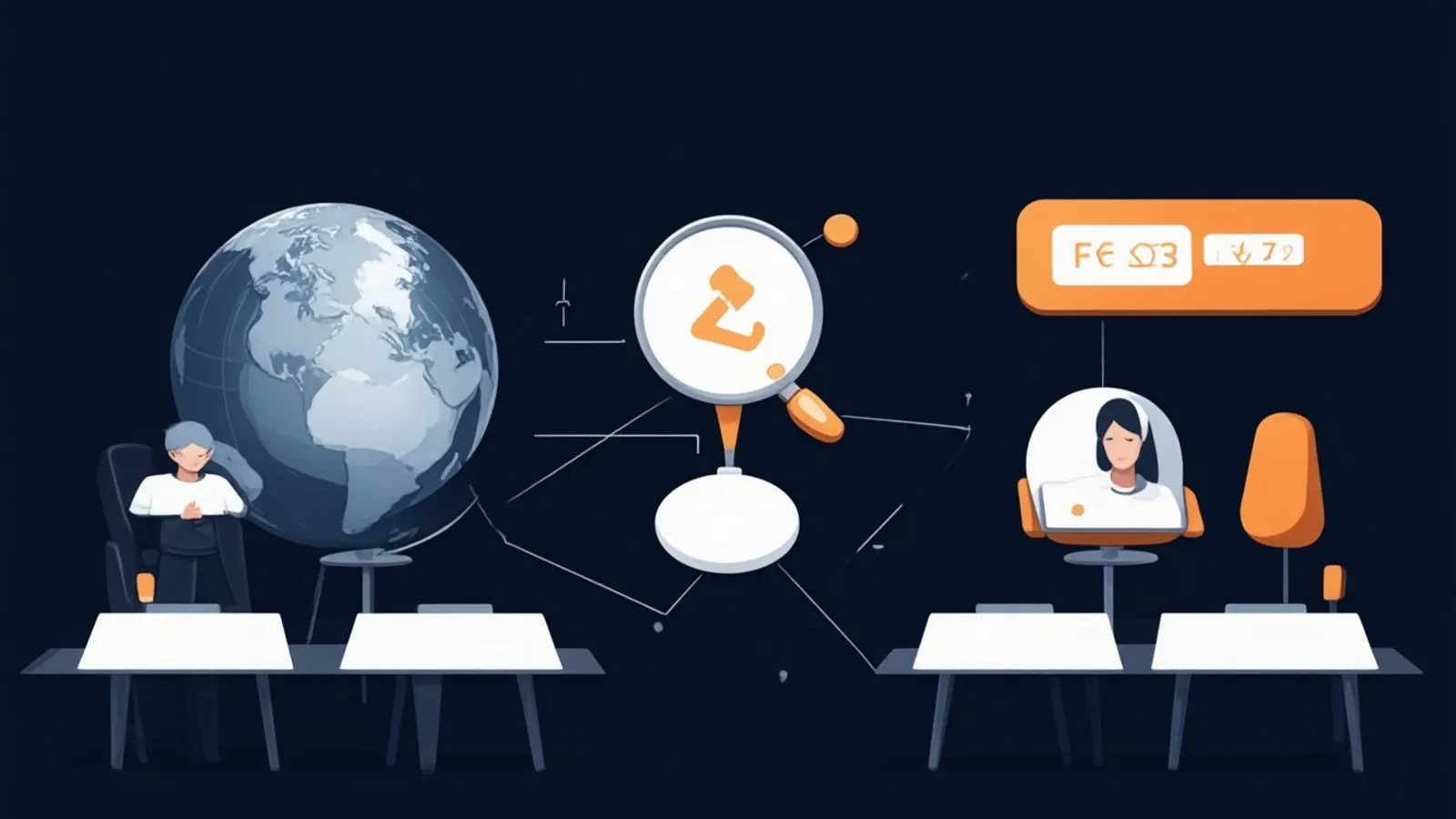 Illustration: a globe connected by thin lines to a team of small desks