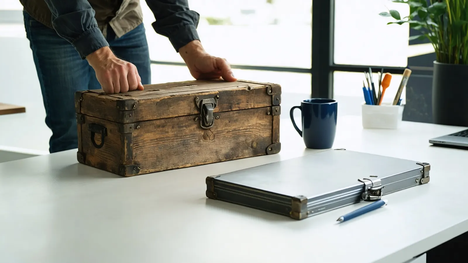 Hands resting on an old wooden chest beside a slim modern metal case on a white desk