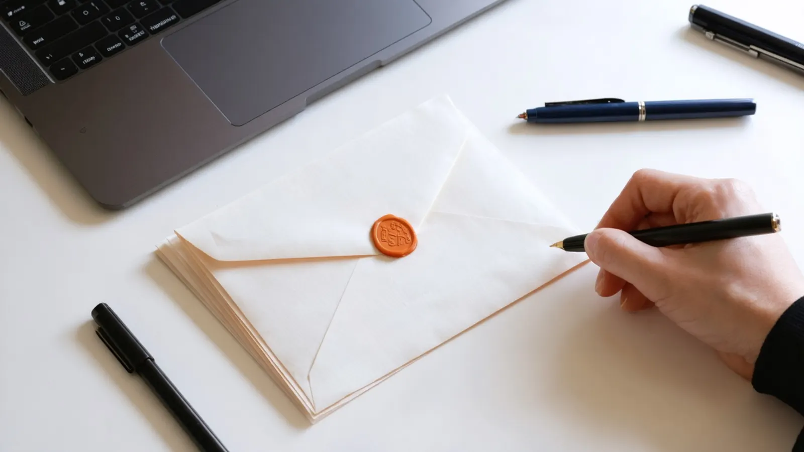 A hand writing beside an envelope sealed with orange wax on a white desk