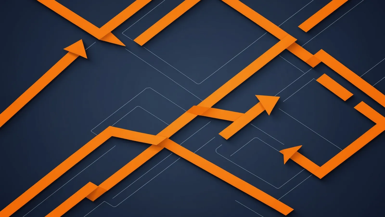 Orange arrow paths joining and branching on a dark navy background