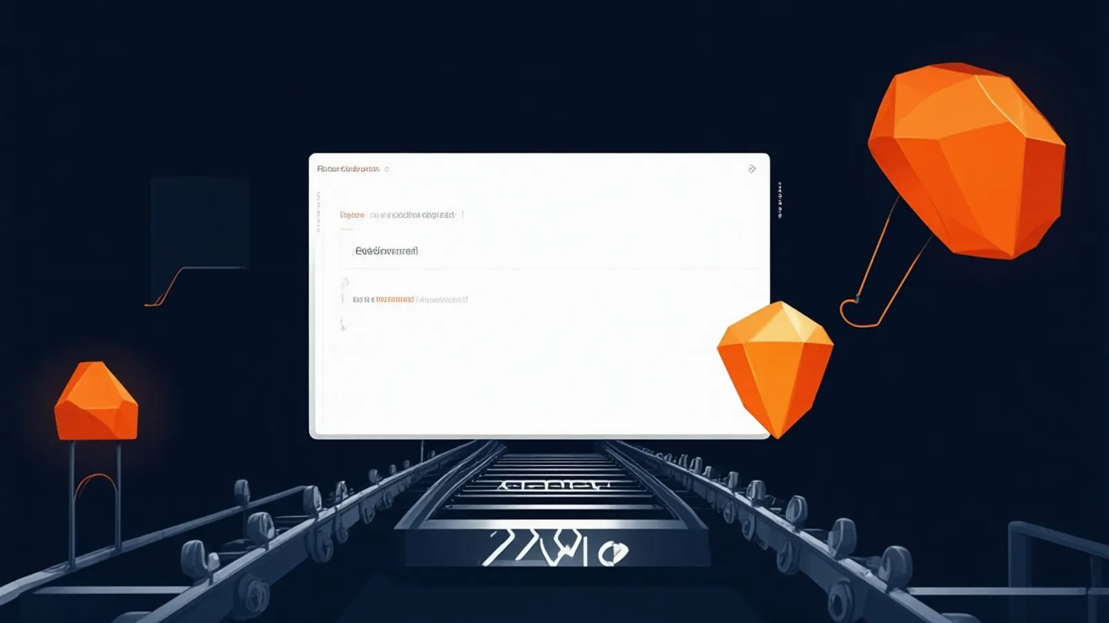 Illustration: a train rail track made of code bracket shapes leading to a browser window