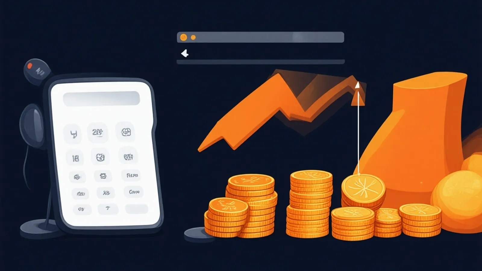 Illustration: a calculator beside a stack of coins being reduced by an orange downward arrow