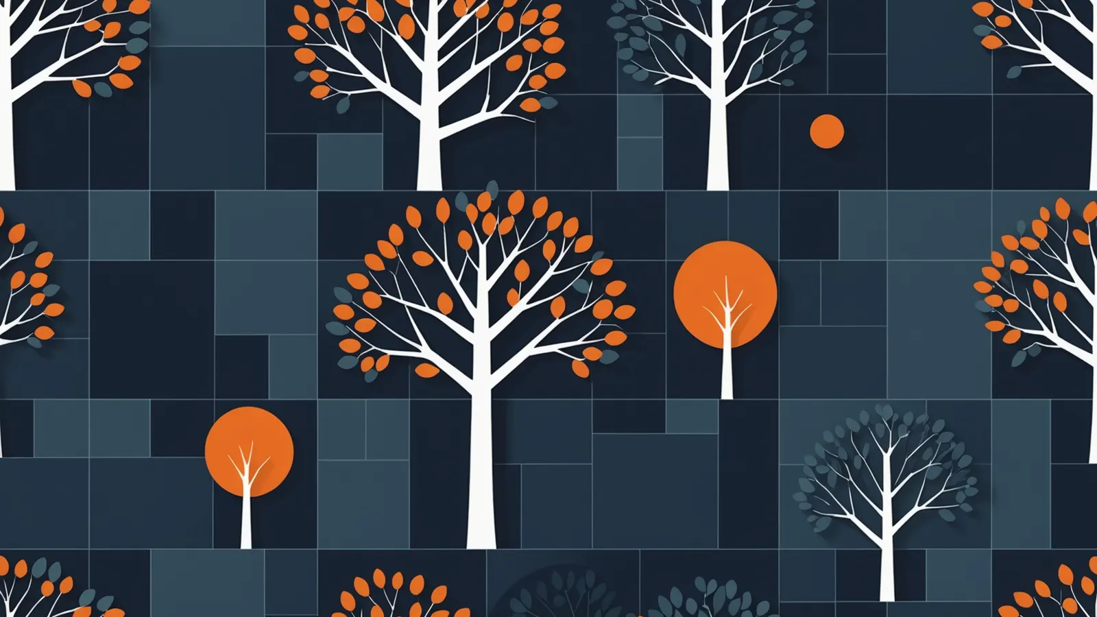 A repeating pattern of white and orange trees on navy tiles