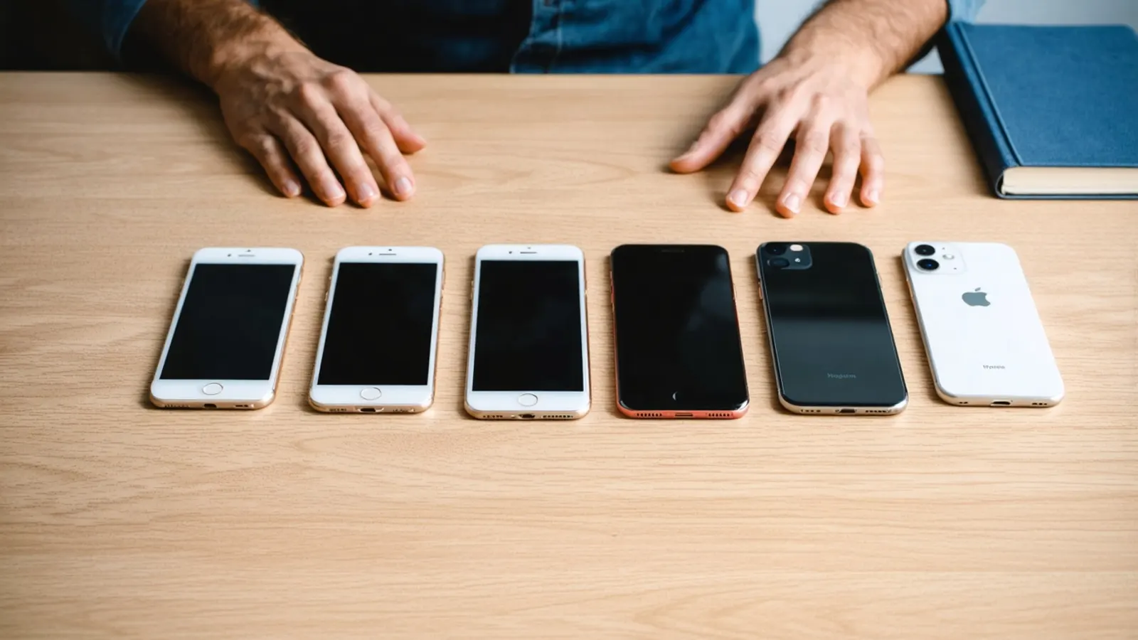 Six iPhones of different generations lined up on a wooden desk