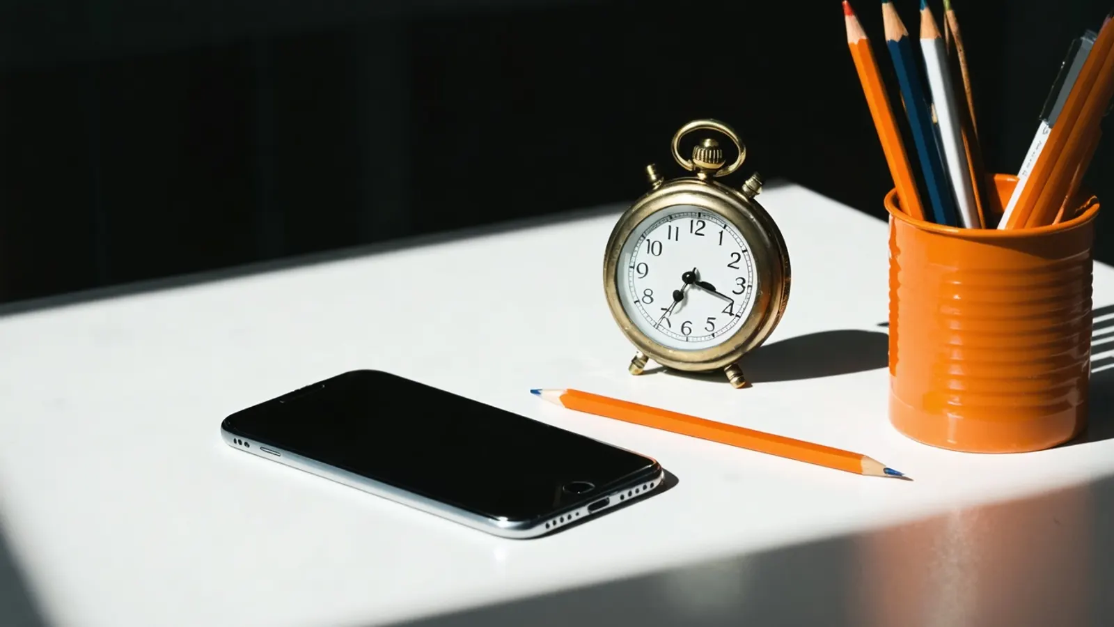 A phone lying beside an alarm clock and a pot of orange pencils on a white desk
