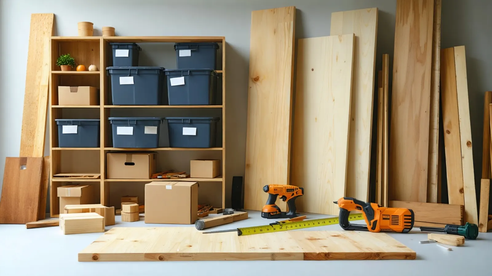 Wooden planks, shelves of storage boxes and power tools in a workshop