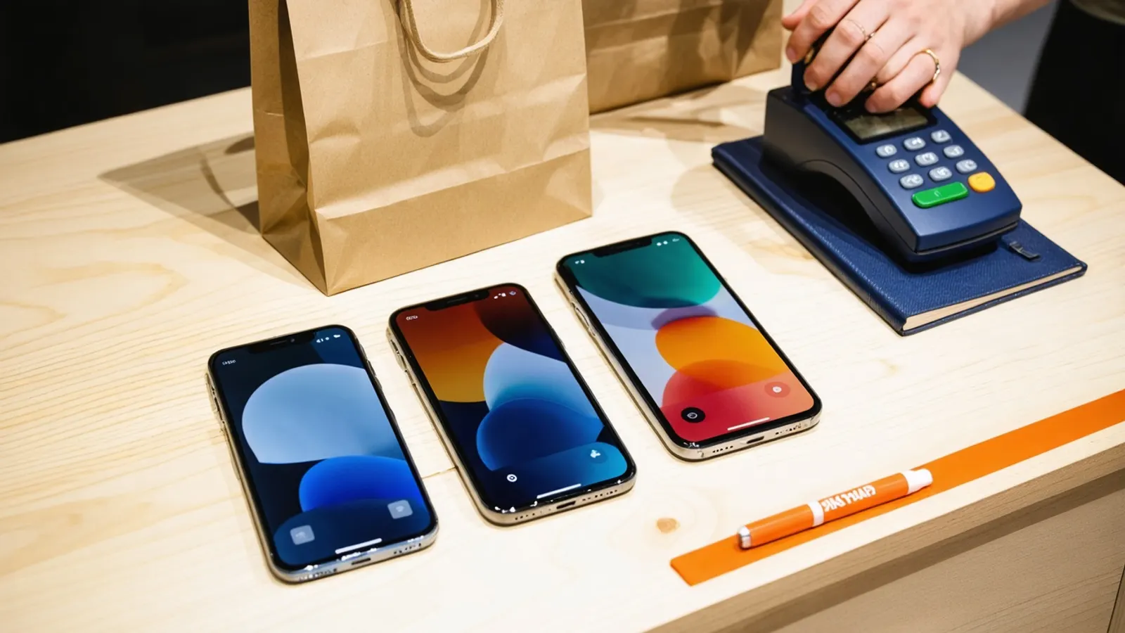 Three phones beside a card terminal and a paper bag on a shop counter