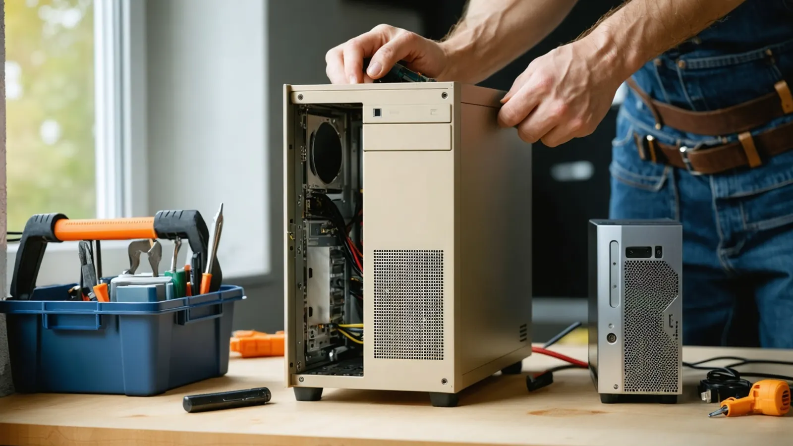 Hands opening an old beige computer tower beside a small modern computer and a toolbox