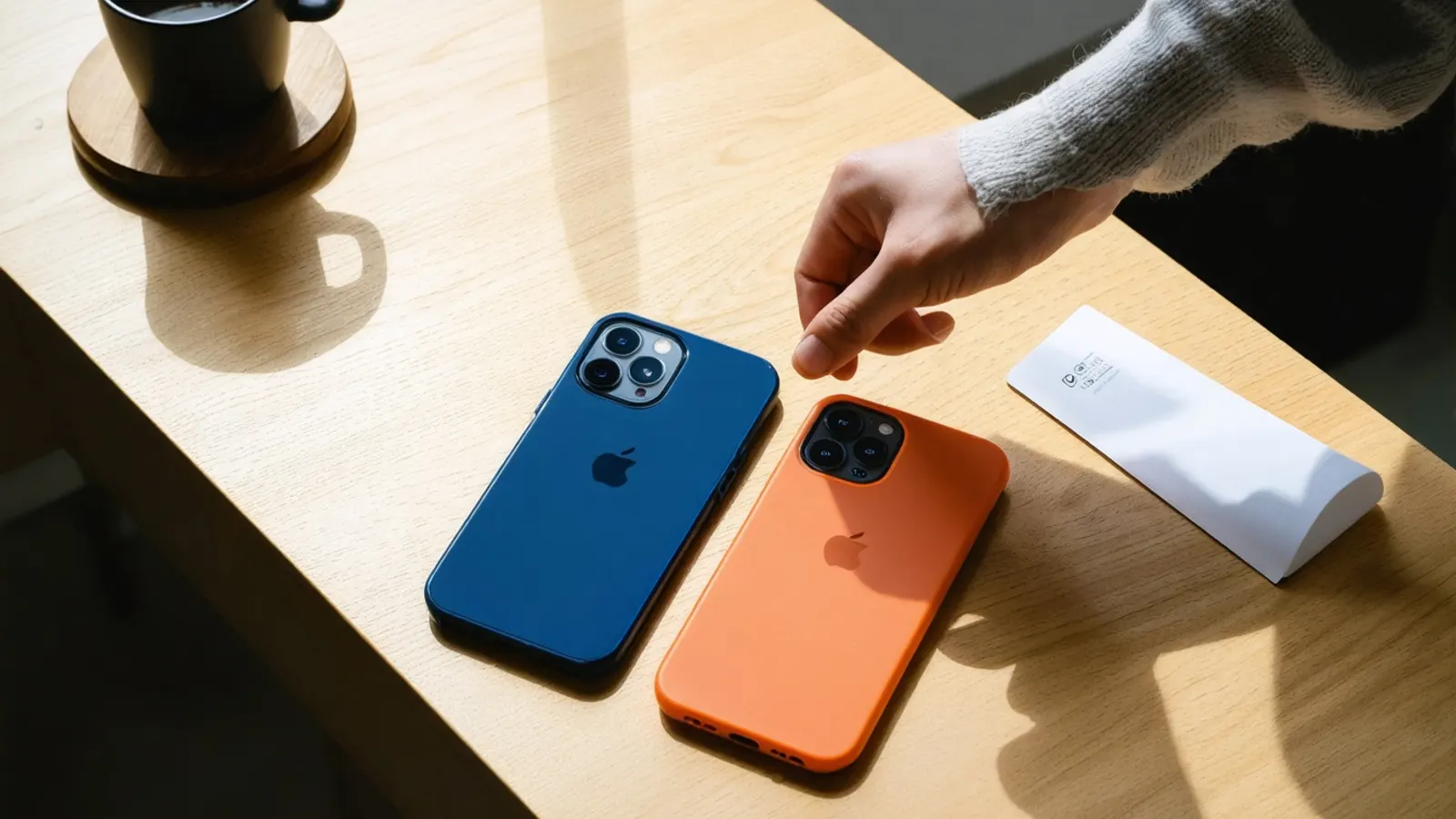 A blue phone and an orange phone side by side on a light wooden desk