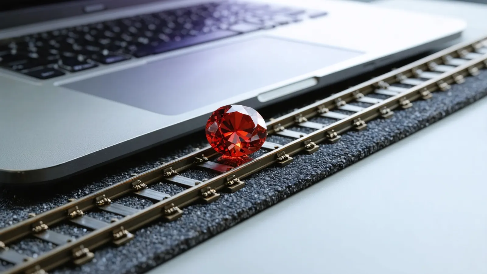 A red gem resting on a model railway track beside a laptop