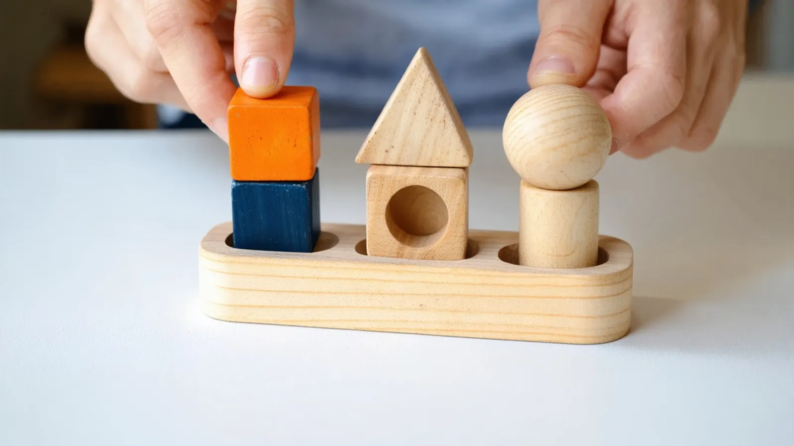 Hands fitting wooden blocks into matching shaped holes