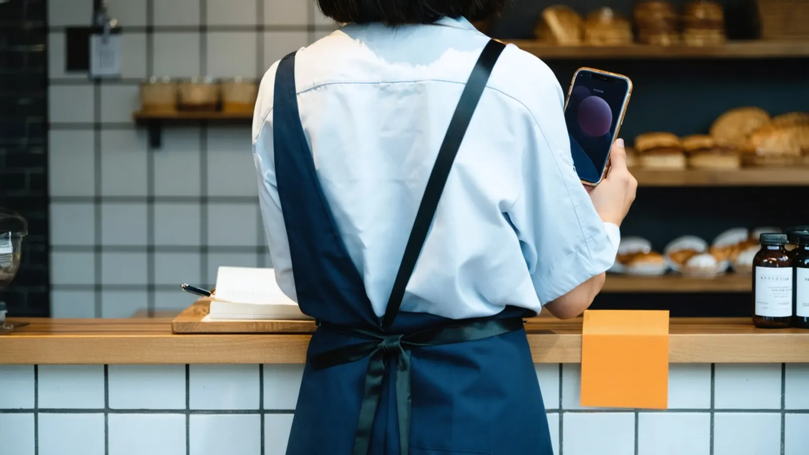 A café worker in an apron seen from behind, holding a phone