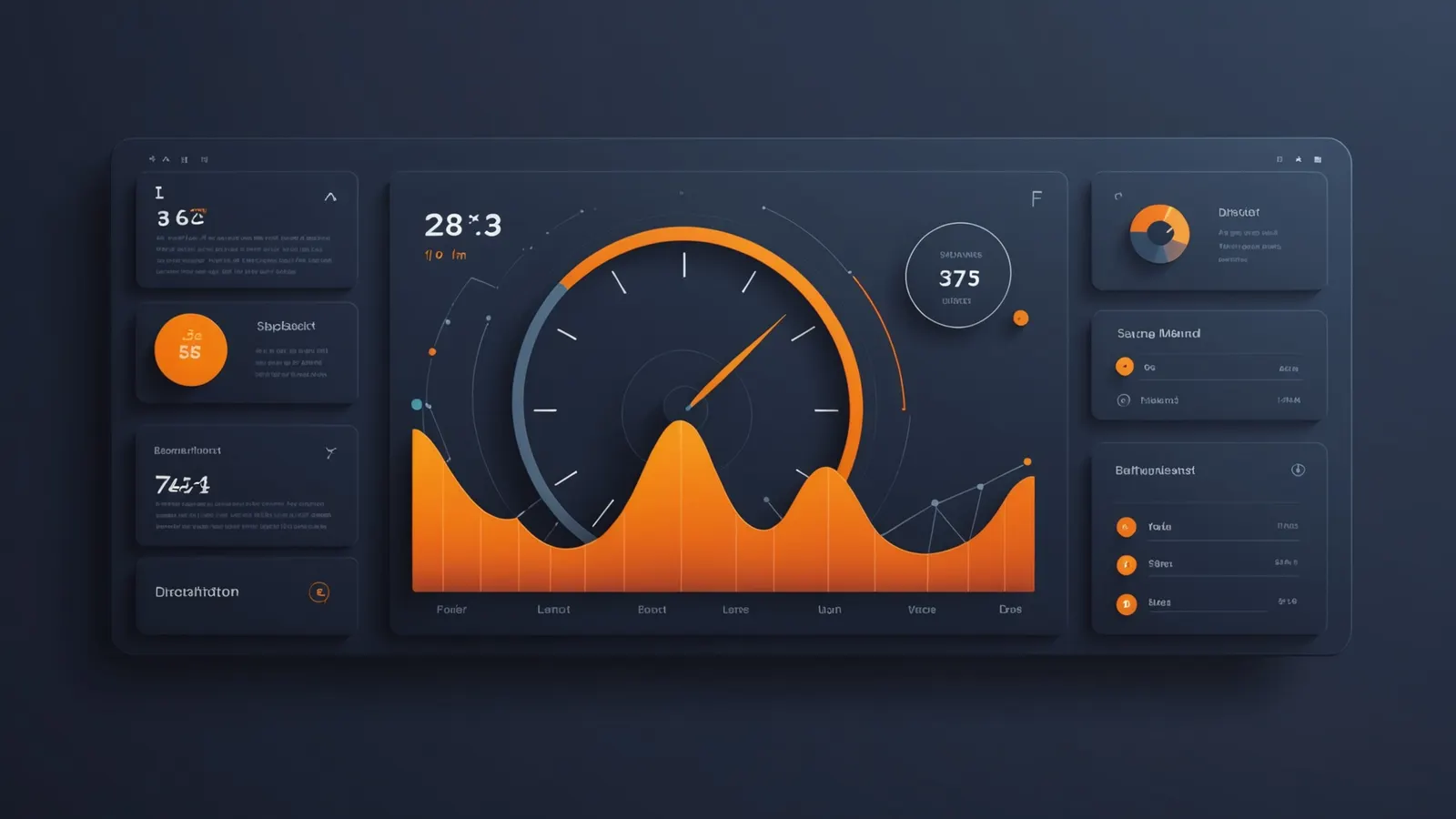 A dark dashboard with a gauge, a line chart and small panels in orange and white