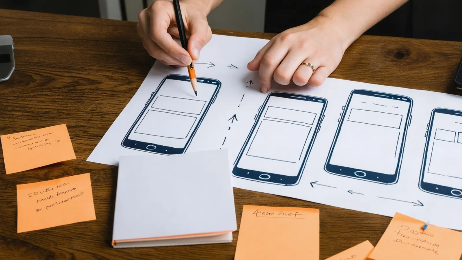 Hands sketching phone screens on paper surrounded by orange sticky notes