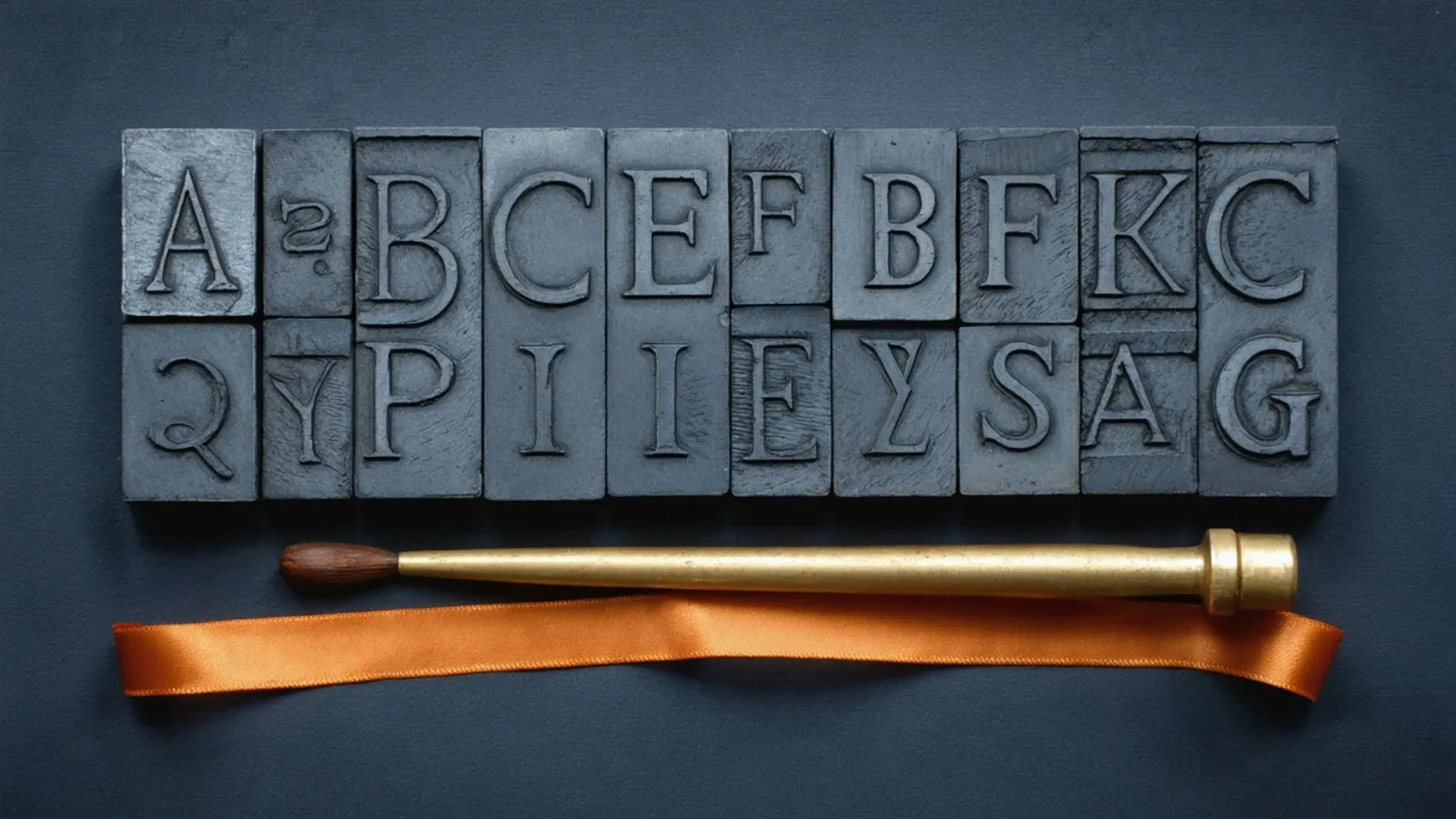 Rows of metal printing type letters above a brass tool and an orange ribbon