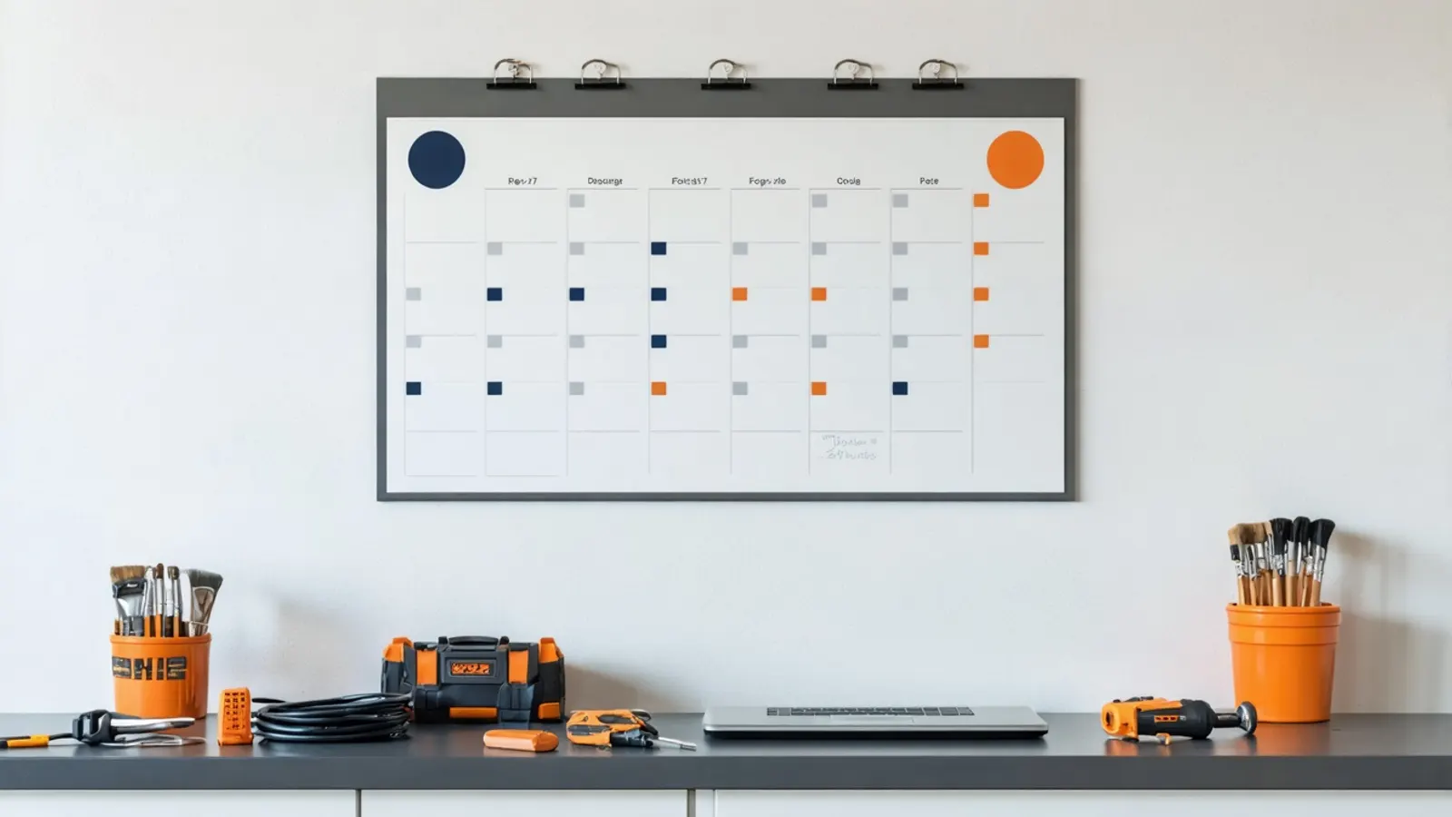A wall calendar with marked days above a shelf of tools