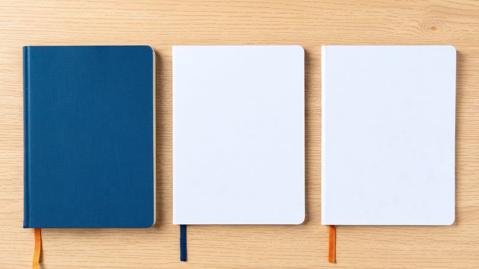 Three notebooks, one navy and two white, side by side on a wooden desk
