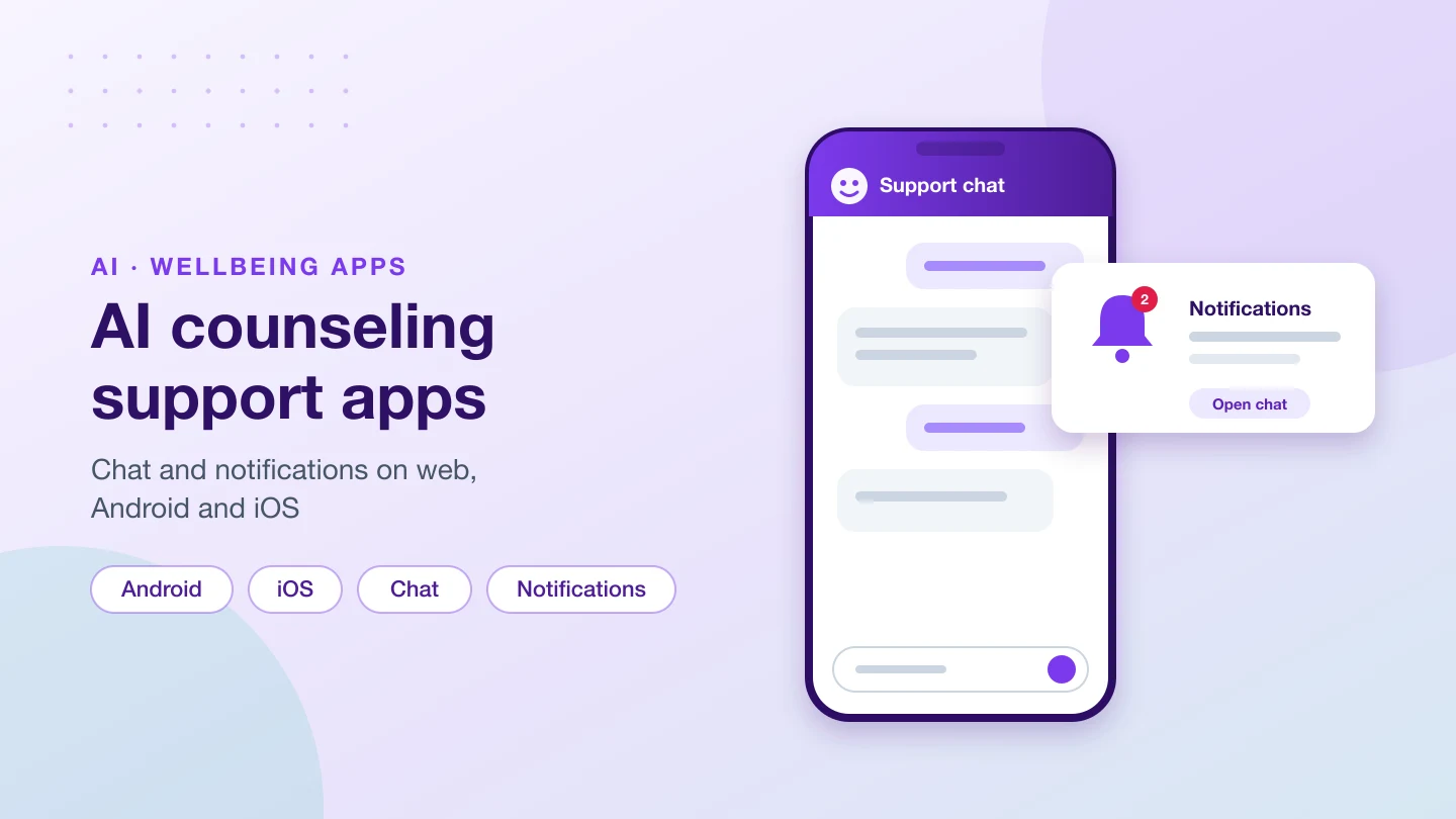 Banner with the title AI counseling support apps: a phone showing a support chat with a notification card with a bell, a badge and an open chat button