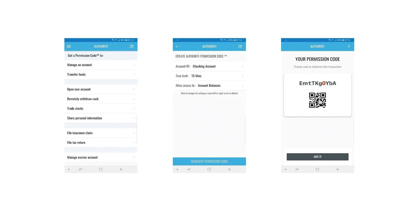 Authoriti app screens: permission code choices, creating a code and the generated code with its QR code
