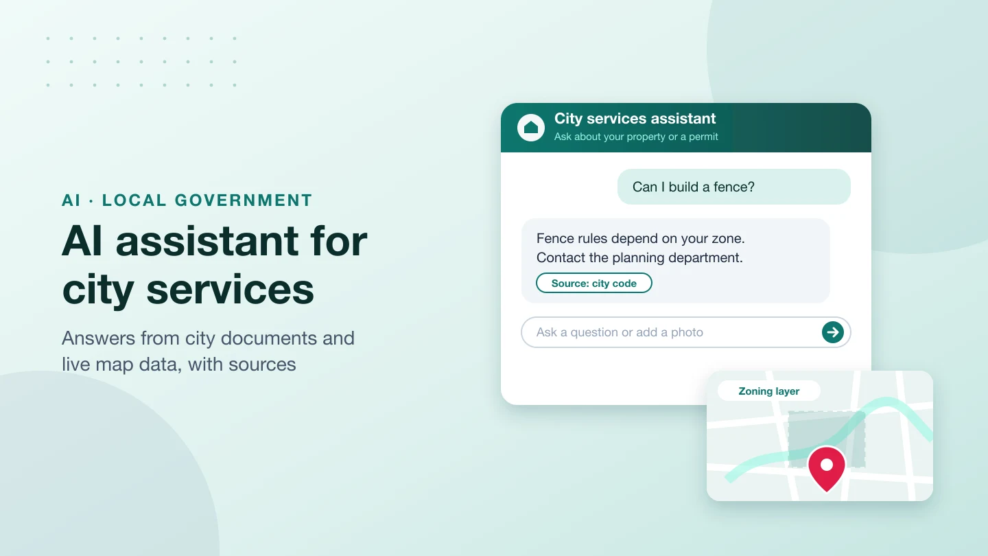 Banner with the title AI assistant for city services: a mock chat answering a fence question with a city code source, beside a map with a zoning layer and a location pin