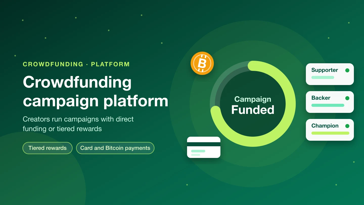 Banner with the title Crowdfunding campaign platform: a progress ring marked Campaign Funded, three reward tiers named Supporter, Backer and Champion, and card and Bitcoin payment symbols