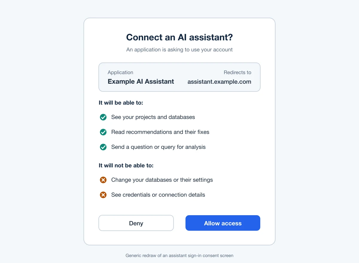 A redrawn sign-in consent screen for an AI assistant, listing what it can do (see projects, read recommendations, send a query for analysis) and what it cannot (change databases, see credentials)