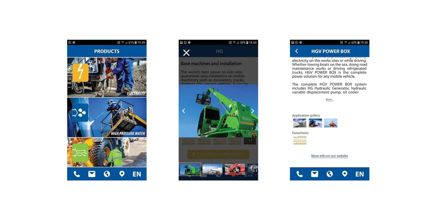 Dynaset app screens: products, a product page and the product detail with datasheets