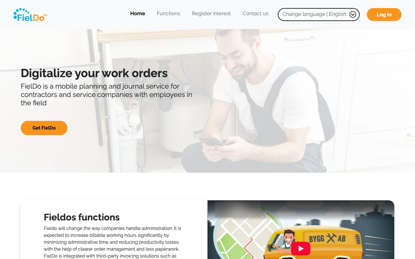 The fieldo.se home page: Digitalize your work orders, a mobile planning and journal service for contractors and service companies