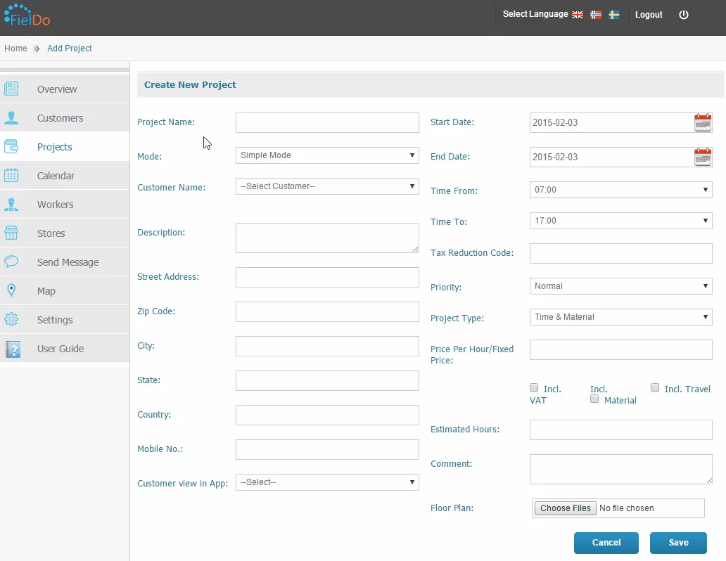 Fieldo manager web portal: Create New Project form with mode, customer, dates, project type and floor plan upload