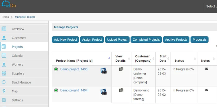 Fieldo web portal: Manage Projects list with Add, Assign, Upload, Completed, Archive and Proposals actions