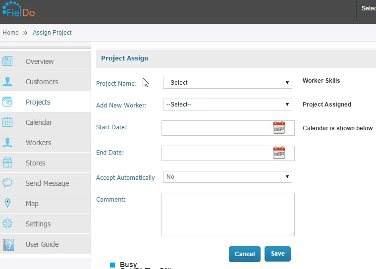Fieldo web portal: Project Assign form with worker, dates and automatic acceptance