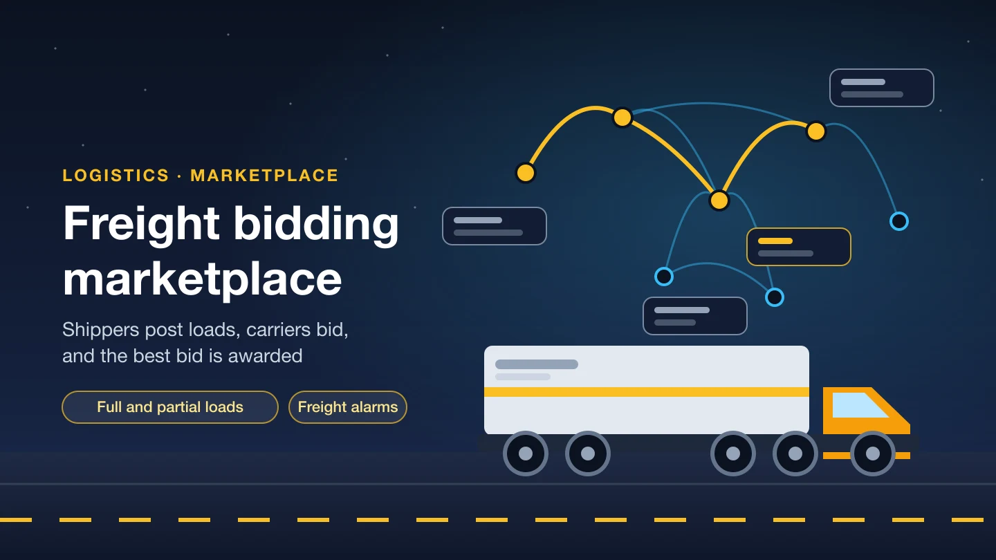 Banner with the title Freight bidding marketplace: a night-time scene of a truck on the road under a network of freight routes with carrier bid tags and one highlighted route