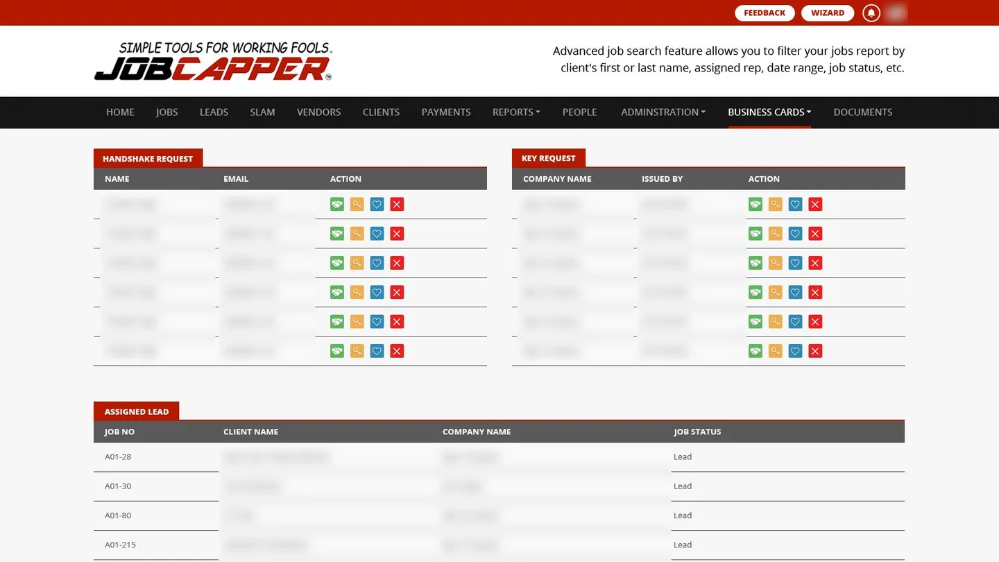 JobCapper dashboard design: handshake and key requests, and assigned leads, under a navigation bar with Jobs, Leads, SLAM, Vendors, Clients, Payments, Reports, People and Documents