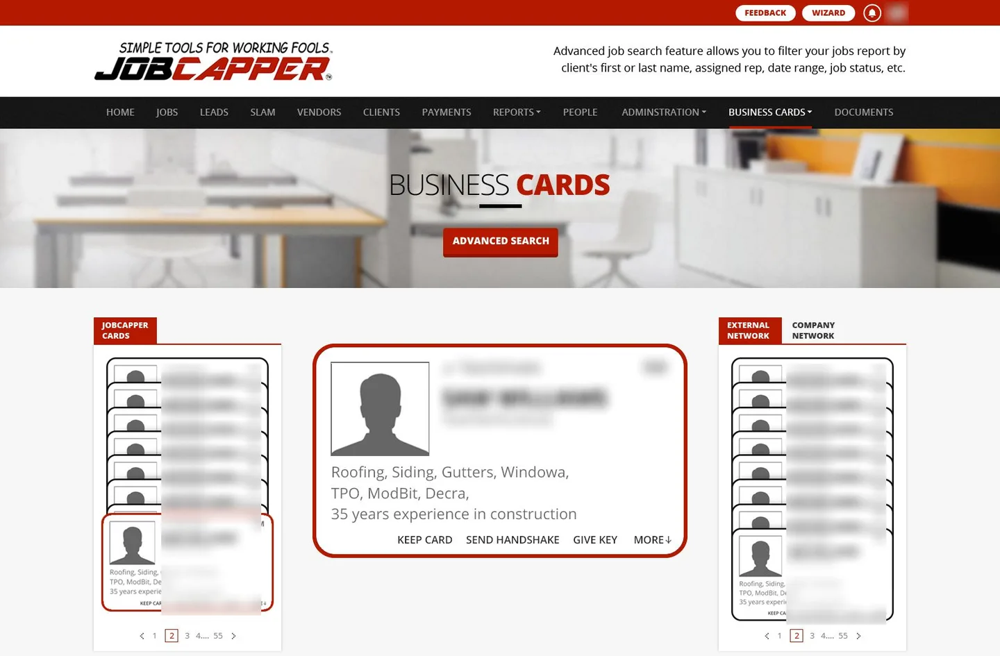 JobCapper business cards page design with the card carousels and the company and external network tabs