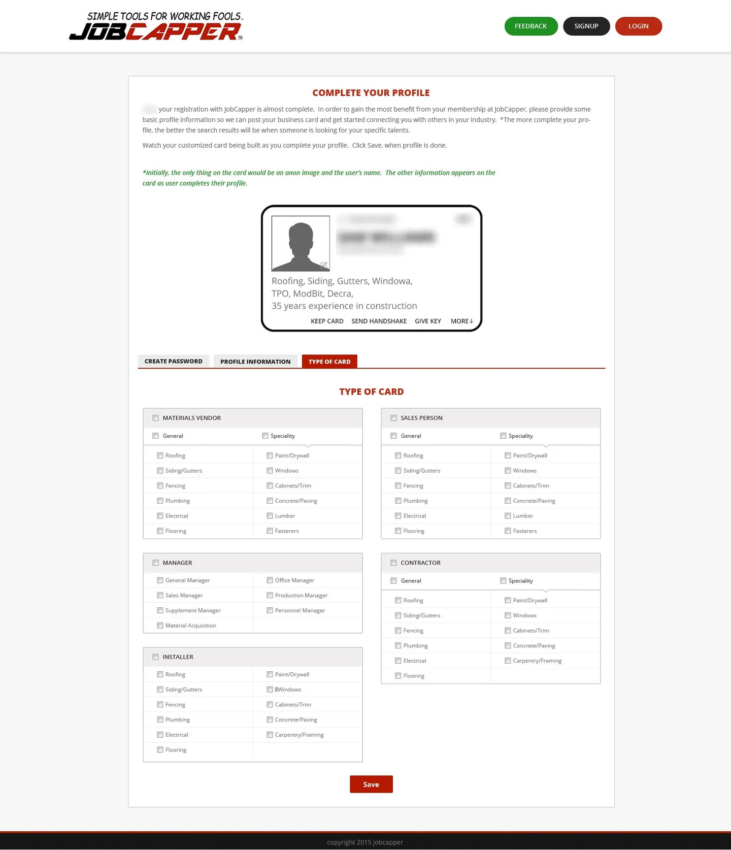 JobCapper profile wizard design: the business card builds up while the user picks a card type (materials vendor, sales person, manager, contractor, installer) and trades