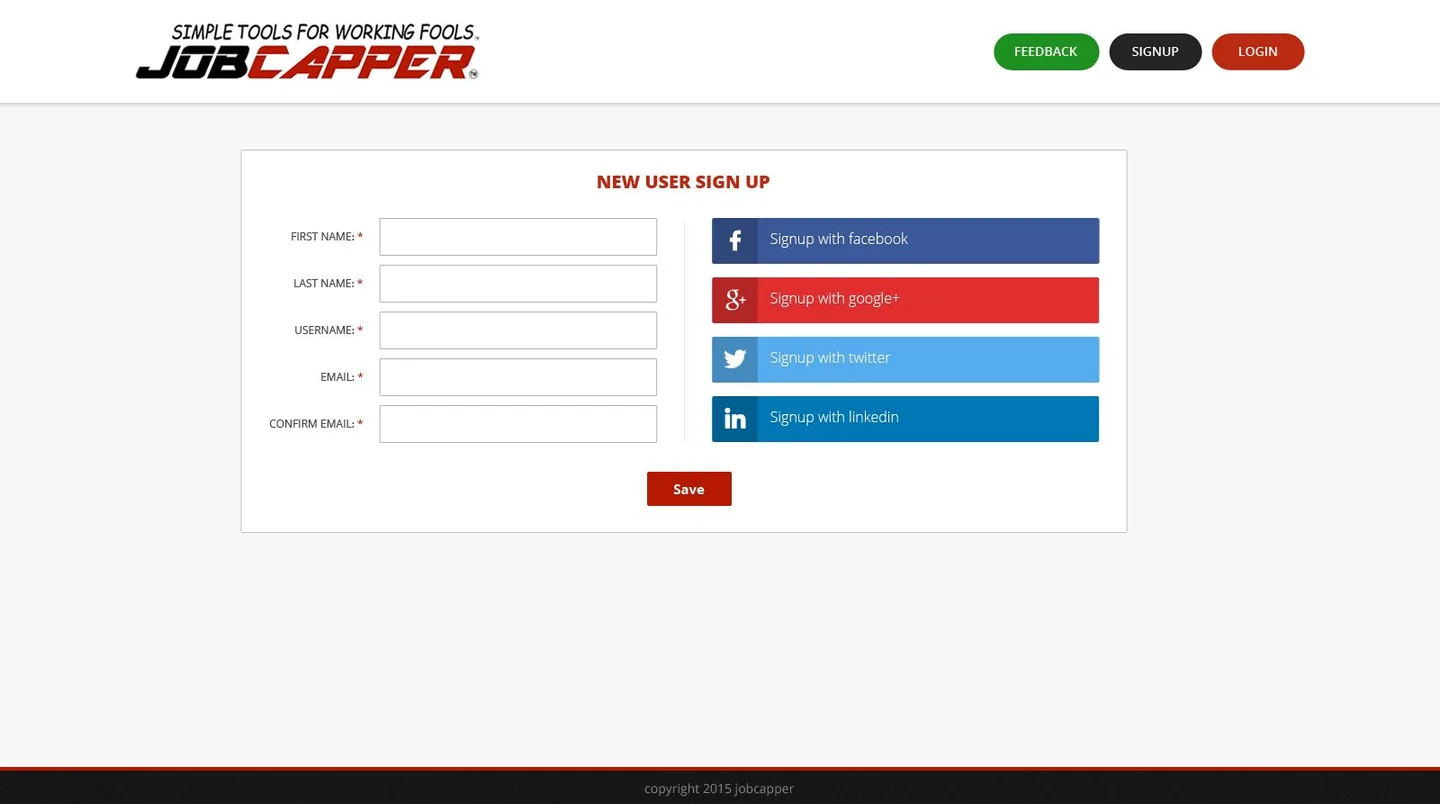 JobCapper new user sign-up design with social sign-up buttons