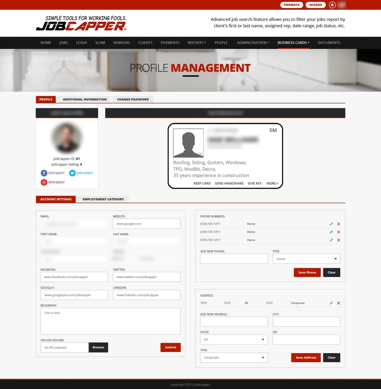 JobCapper profile management design with business card, phone numbers, addresses and social links