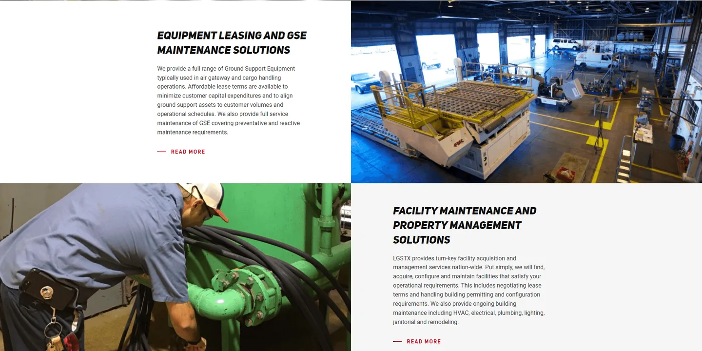 LGSTX Services website: equipment leasing and facility maintenance sections