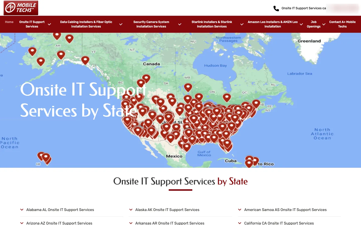 Onsite IT Support Services by State page: a US map with a pin per service location above the list of states