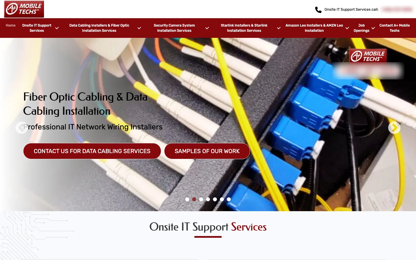 A+ Mobile Techs home page: header with logo and service menu, and a banner on fiber optic and data cabling installation