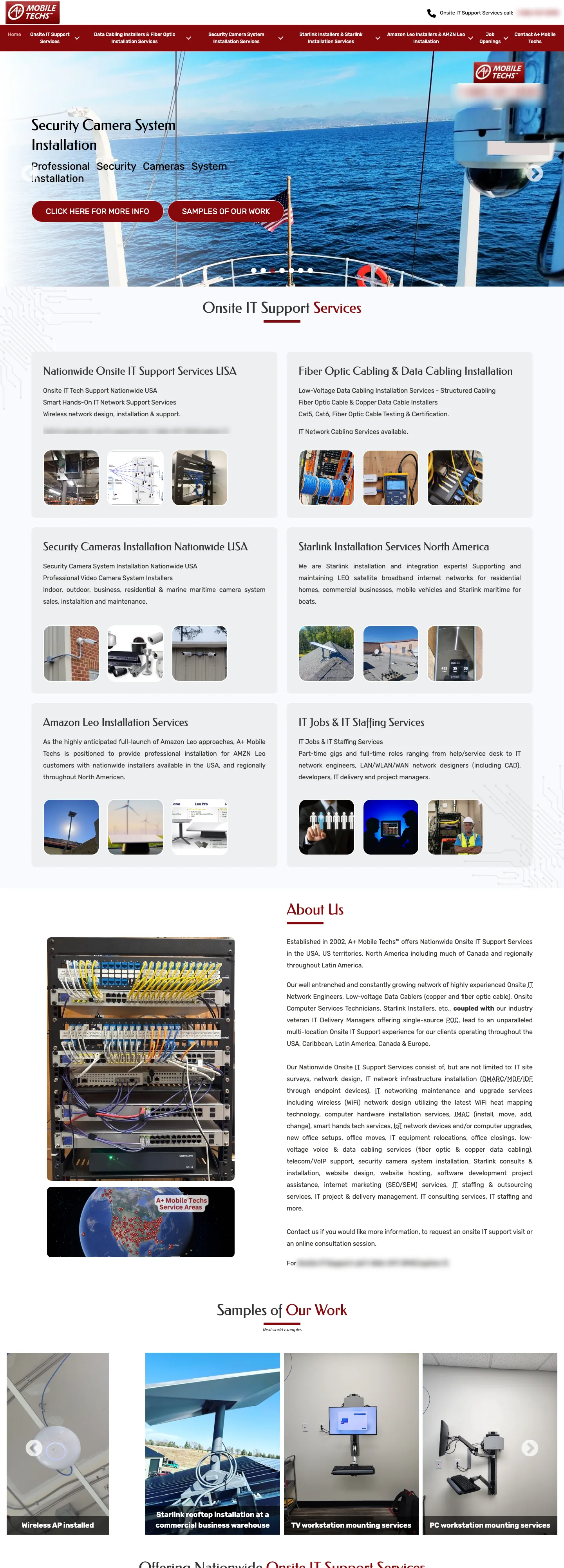 A+ Mobile Techs home page, top part: service banner, the service line cards, an about section and the start of the sample work carousel and the lists of state links