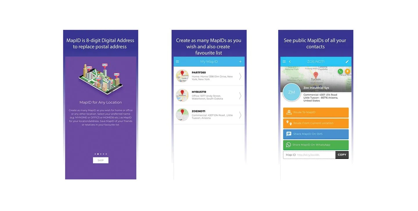 MyAddressPin app screens: introduction to MapID, the user's MapID list and a contact's public MapID