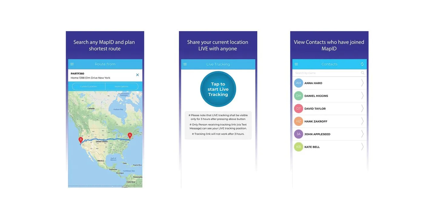 MyAddressPin app screens: route search, live tracking and contacts who have joined