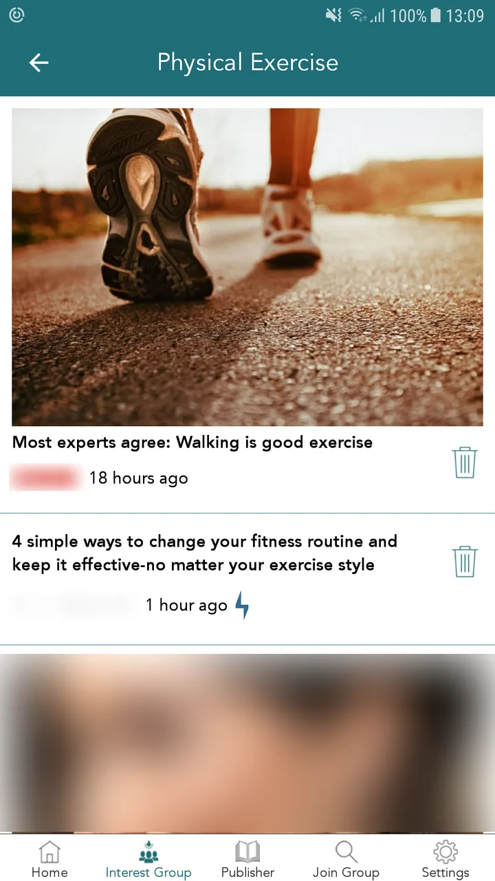 Newsology Android app: an interest-group article list with delete-as-read icons and a tab bar for Home, Interest Group, Publisher, Join Group and Settings