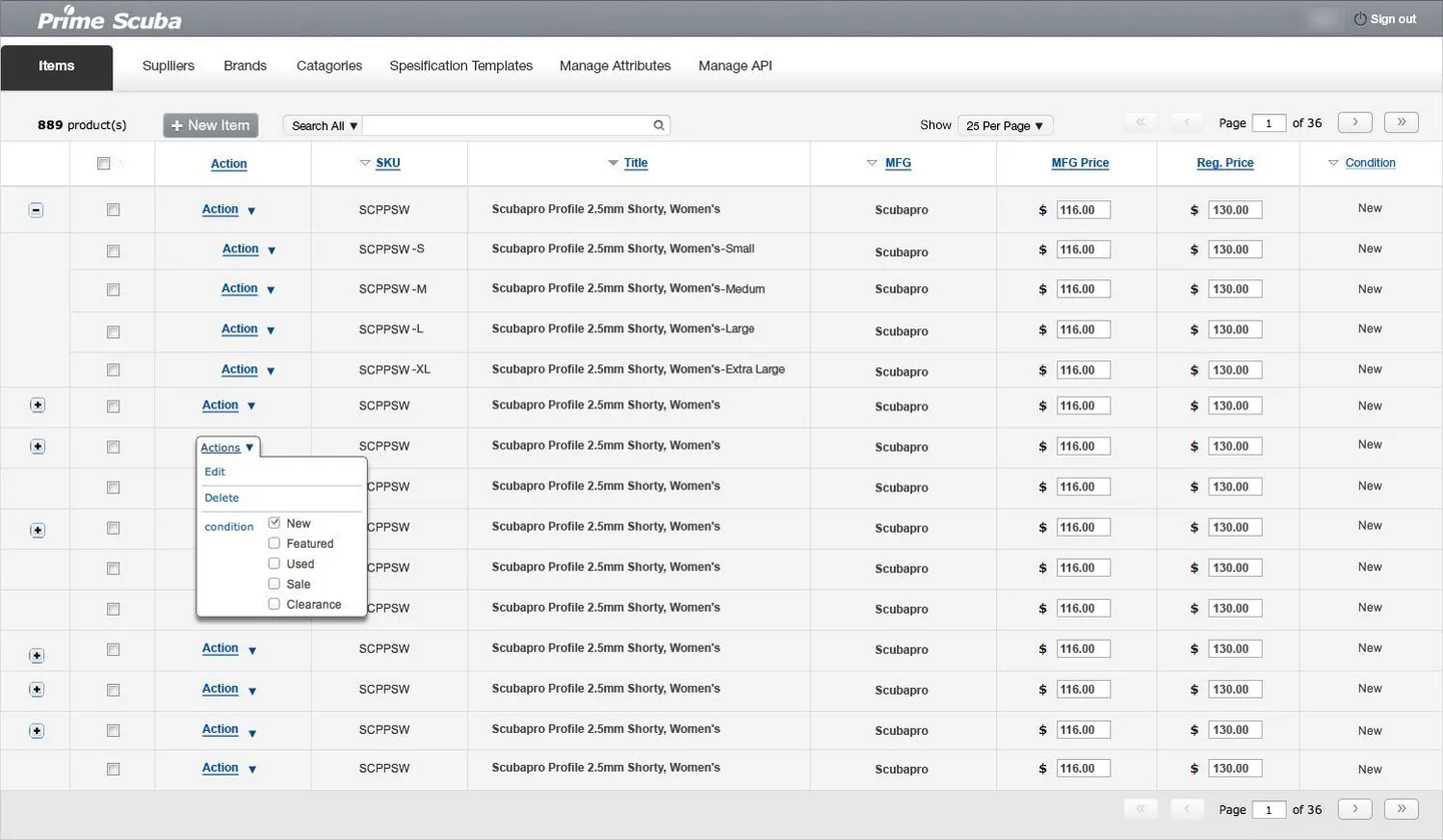 Prime Scuba: Magento store and product manager screenshot