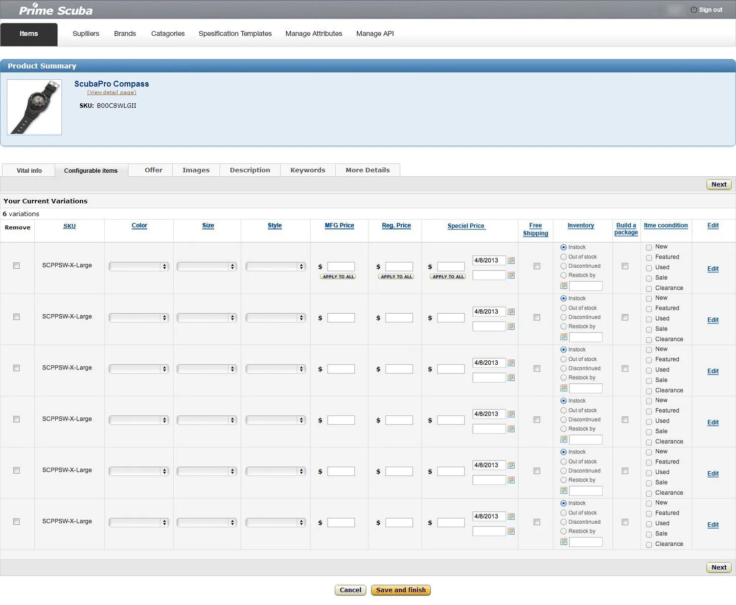 Design of the item editor: the configurable items tab with a grid of colour, size and style variations, prices, special price dates, stock status and item condition