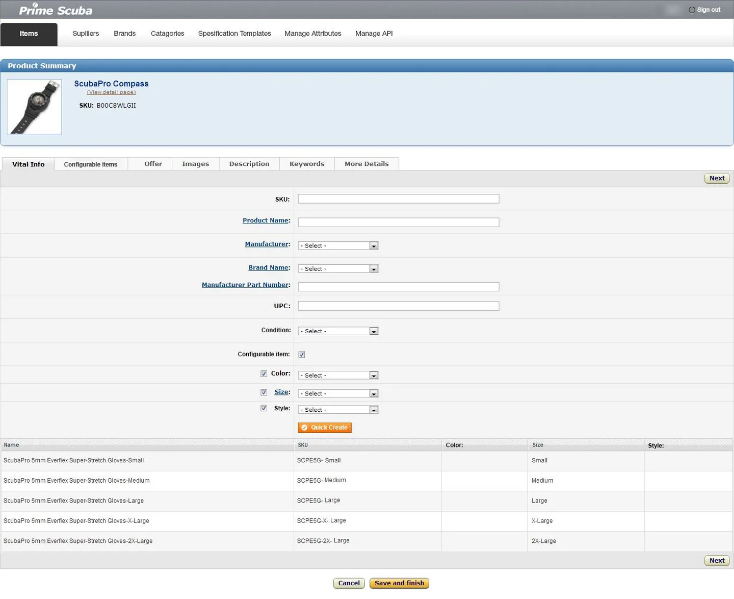 Design of the item editor: the vital info tab with Quick Create of variations from colour, size and style